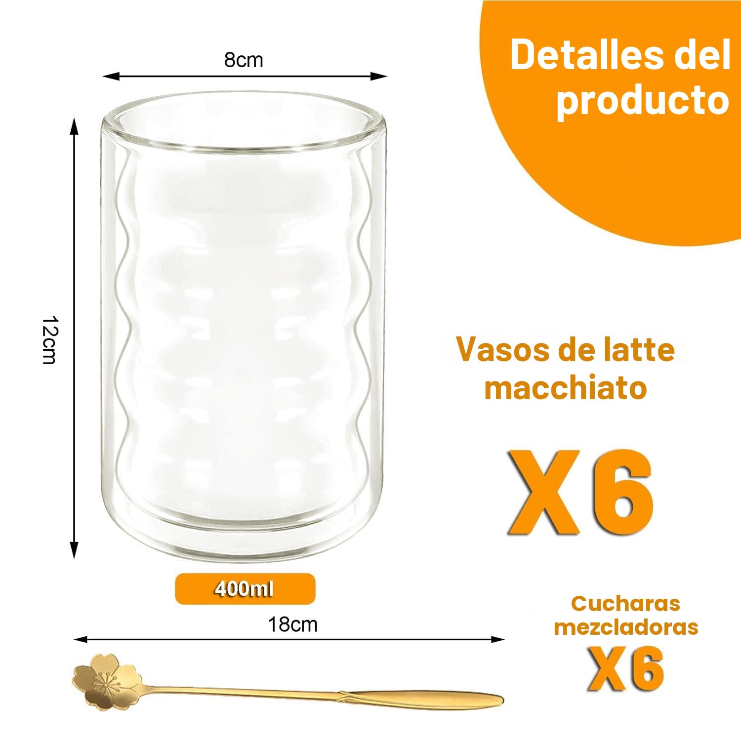 twoant Tazas de Café de Cristal, 6 x 400ml Vasos de Doble Pared Transparente, Tazas de Vidrio Borosilicato con 6 Cucharillas, Taza de Cristal para Cafe Leche Té Latte Macchiato Espresso