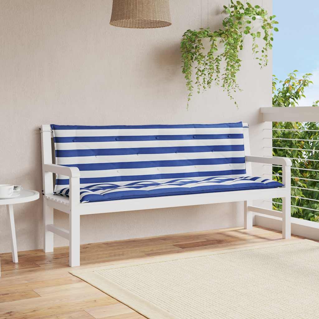 Nakładki na ławkę ogrodową, 2 szt. niebiesko-białe paski 150 x 50 x 7 cm, nakładka na siedzisko z poliestru z wypełnieniem z miękkiego włókna kanalikowego, antypoślizgowa dzięki taśmom
