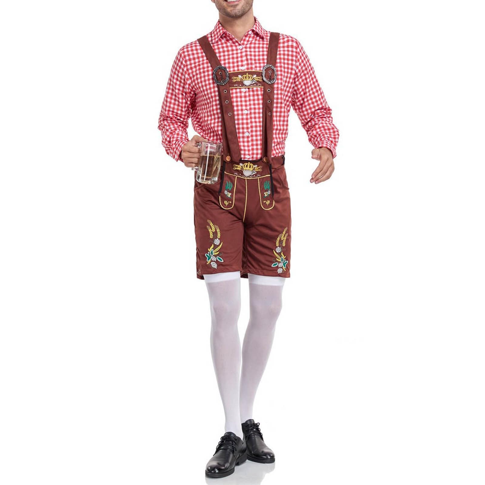 Lederhose Herren Tracht, Trachtenhose Kurz,Trachtenlederhose Lederhosen mit Hosenträger Schwarz Braun Trachtenlederhosen für Oktoberfest Bayerische Outfit Modern