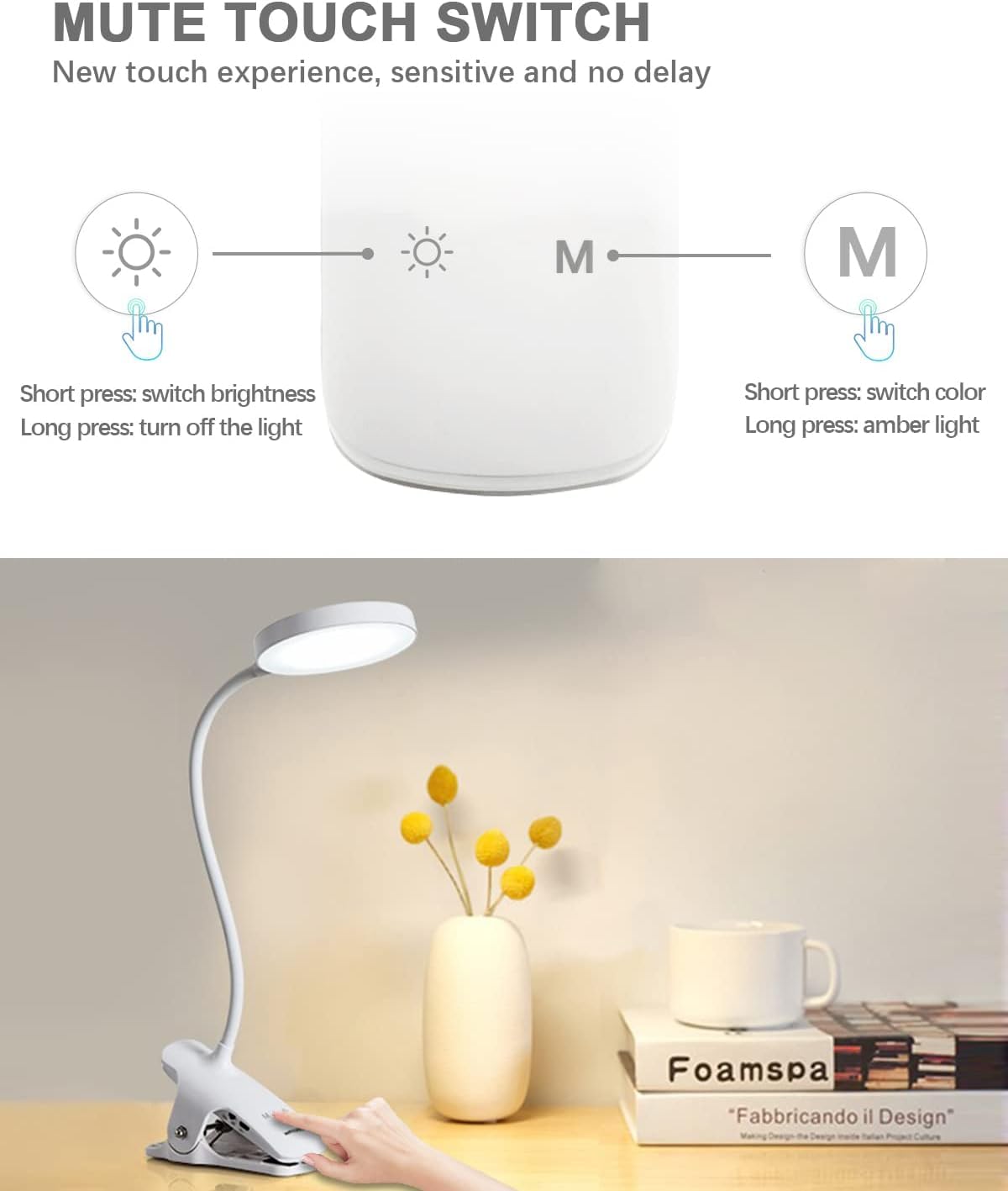 Bteng Leselampe Bett, 36 LED Klemmlampe mit Touch Dimmbar 6 Farben und 5 Helligkeit Augenschutz Klemmleuchte Kinder USB Wiederaufladbar Nachttischlampe Klemmbar für Studieren Arbeiten, Weiß