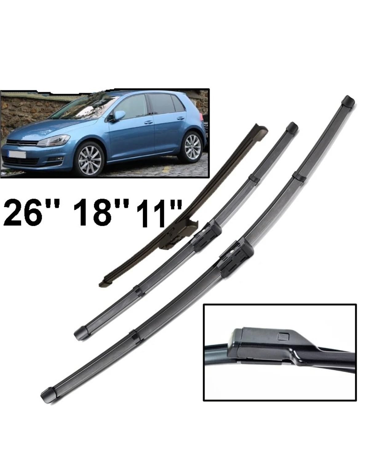 3 Pezzi Tergicristalli per VW Golf VII (2012-2020), Set Spazzole 26"+18"+11", Montaggio Rapido Slim Button 16mm, Ricambio Completo