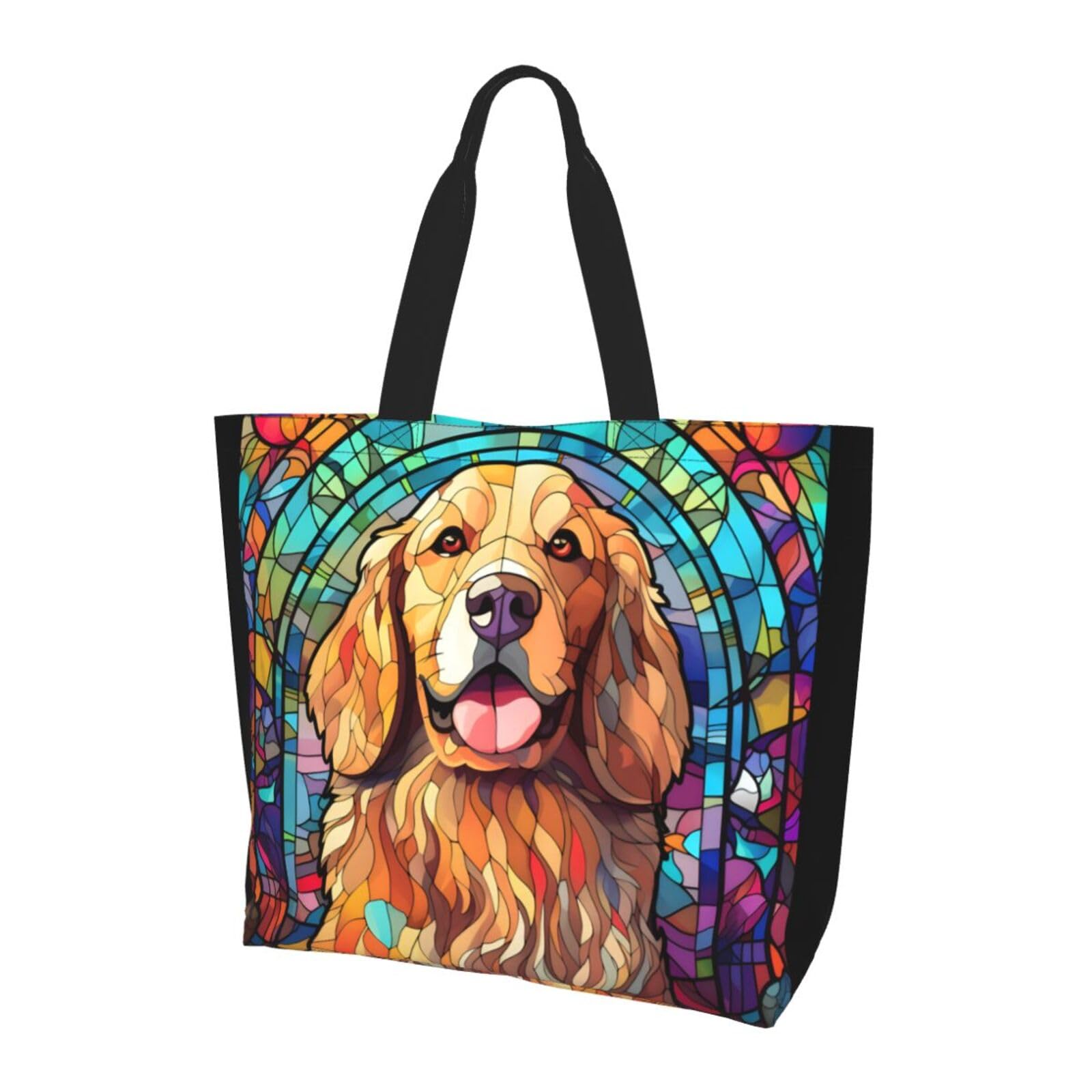 Novgift Dog Breed Glass Art Women Shoulder Handbags Reusable Large Capacity Casual Tote Bag, Golden Retriever, One Size