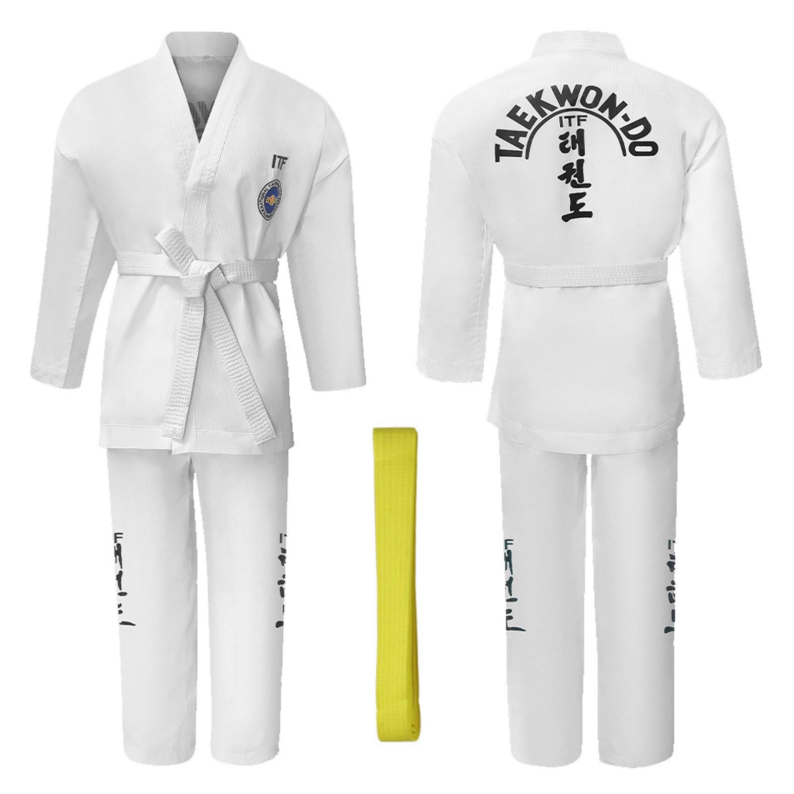 CHUIKUAJ Uniforme da Taekwondo ITF per Bambini e Adulti, Leggera, da Karate, con Scollo a V, Unisex, per Allenamento e Combattimento, Giacca e Pantaloni da Karate,White-160