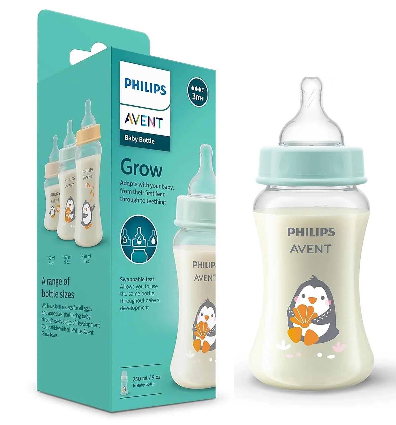Philips Avent Grow Feeding Bottle | Anti-Colic | Easy Fill,Easy Clean|BPA Free | with 1M+ Flow Teat | Made in India (250ml) (Penguine with Sea Shell)