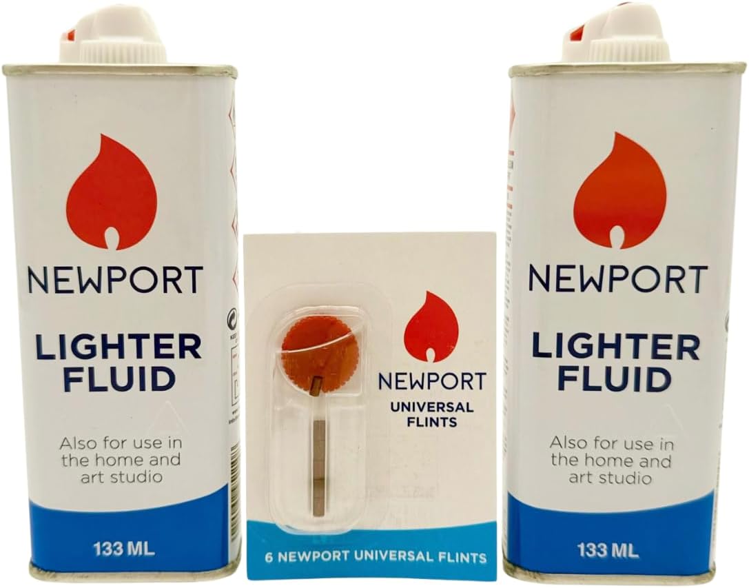 Lighter Fluid | 133ml | 2-Pack with 6X Universal Flints | Compatible with Zippo Refillable Lighters | Fast Ignition | Clean Burning Fuel | Universal Lighter Fluid Refill