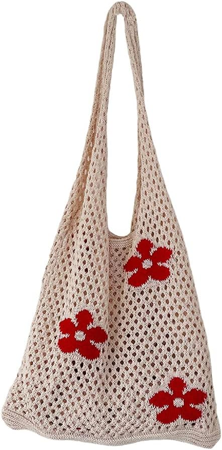 Flower Crochet Tote Bag, Woven Beach Totes Bags for Women,Simple Knitting Hollow Handmade Weaving Large Capacity Handbag