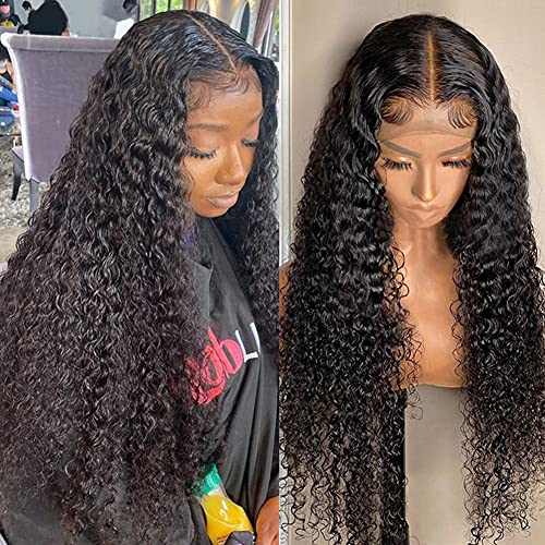 HD Transparent Lace Front Deep Wave T Part Wigs 10A Brazilian Virgin Hair Deep Curly Lace Wigs Human Hair with Baby Hair Pre Plucked Lace Frontal Water Curly Wave T-middle Part Wigs Glueless Natural Hairline Wigs