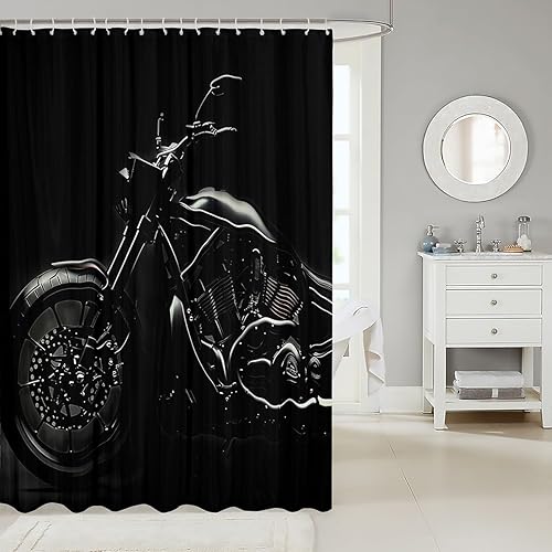 Miniatura 2 de Homewish Cortina de ducha de motocicleta negra para el hogar, baño, fondo oscuro, ganchos de decoración de baño, impermeable, 72 pulgadas de ancho x
