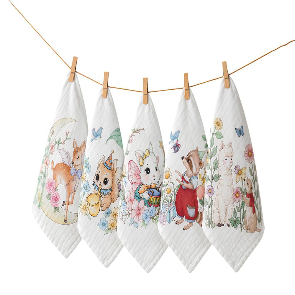 Little Surprise Box 5PCS Enchanted Garden Animal Theme Soft Breathable Pure Muslin Cotton Napkins Set-image-2
