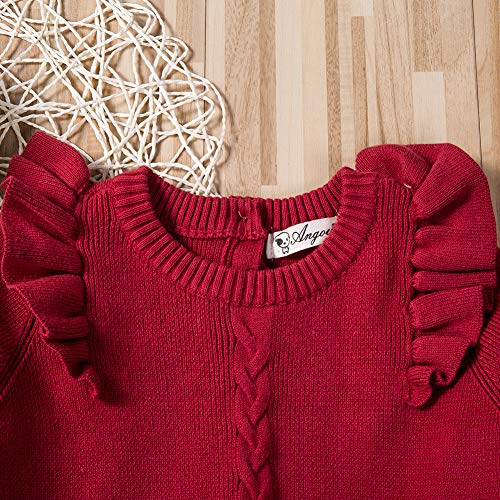 Toddler Baby Girl Knitted Dresses Kids Solid Ruffle Long Sleeve One Piece Dress Fall Winter Warm Sweater Outfits (Red,3-6 Months) - Thumbnail 6