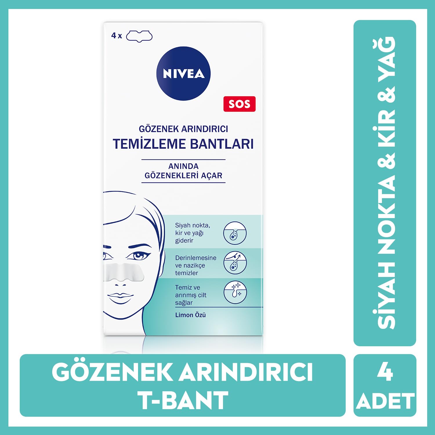 NIVEA Siyah Nokta Temizleyici Burun T-Bant, Gözenek Arındırıcı, Derinlemesine Temizlik, Limon Özü, 4 Adet