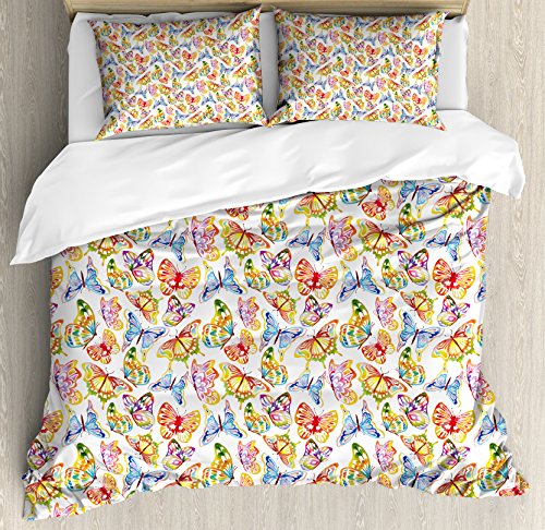 Butterfly Duvet Cover Set, Vibrant Animals Psychedelic Sixties Inspired Color Palette Nature Illustration, Decorative 3 Piece Bedding Set with 2 Pillow Shams, King Size, Apple Green Multicolor