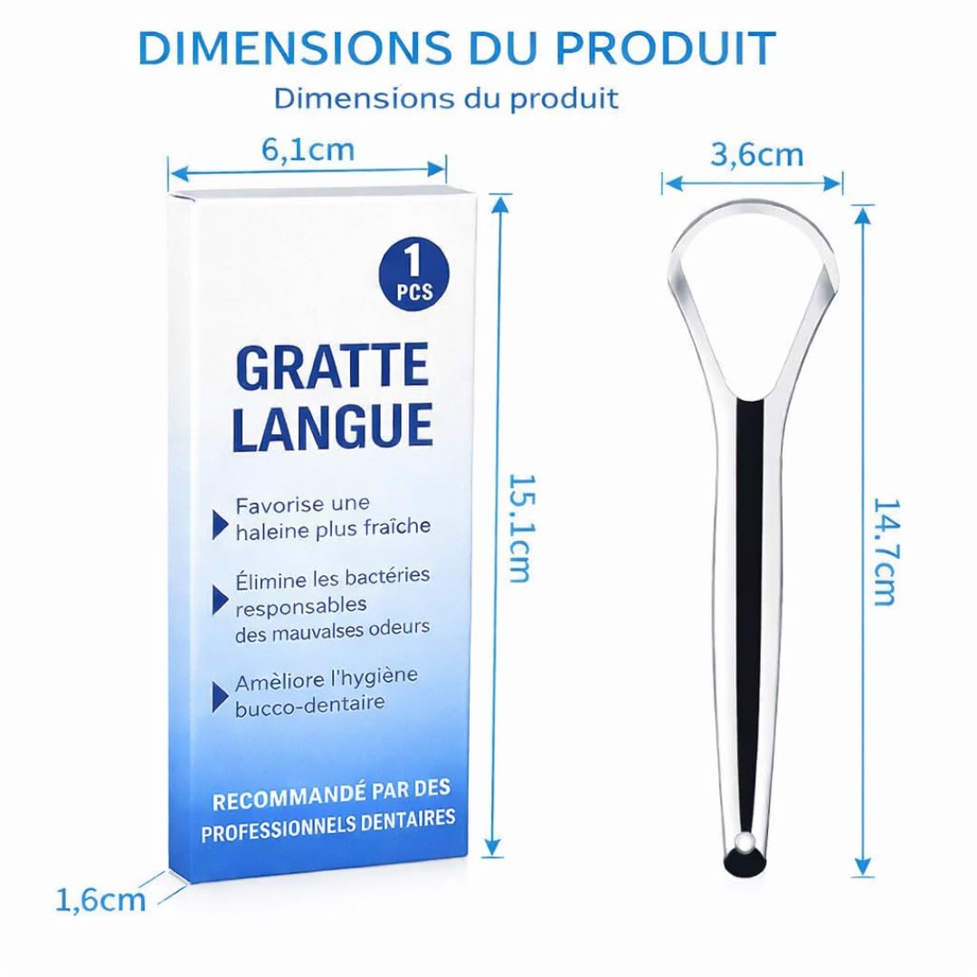 Gratte Langue Inox, Tongue Scraper Acier Inoxydable, Grattoir Langue Ultra Résistant, Racle Langue Ergonomique, Racloir Langue Hygiénique, Rape Langue Antibactérien, Brosse Langue pour Haleine Fraîche - 3
