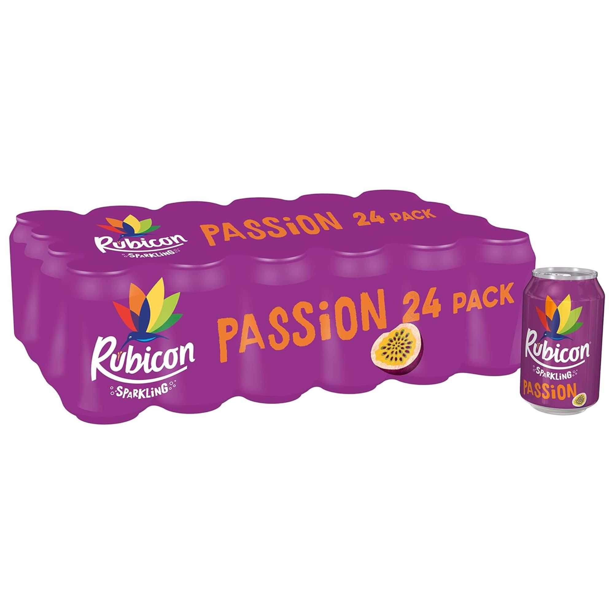 Rubicon 24 Pack Sparkling Passion Flavoured Fizzy Drink with Real Fruit Juice, Handpicked Fruits for a Temptingly Intense Taste "Made of Different Stuff" - 24 x 330ml Cans