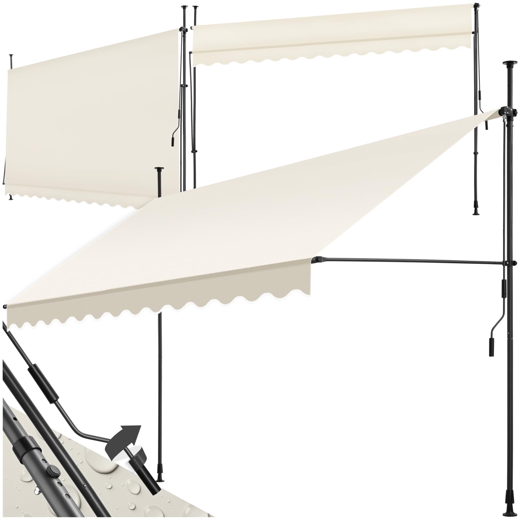 tectake® Klemmmarkise mit Handkurbel, Balkon Markise ohne Bohren, Markise höhenverstellbar, UV-beständig, wasserabweisend, Terrassenüberdachung, Sonnenschutz Terrasse & Balkon, Breite 350 cm - beige