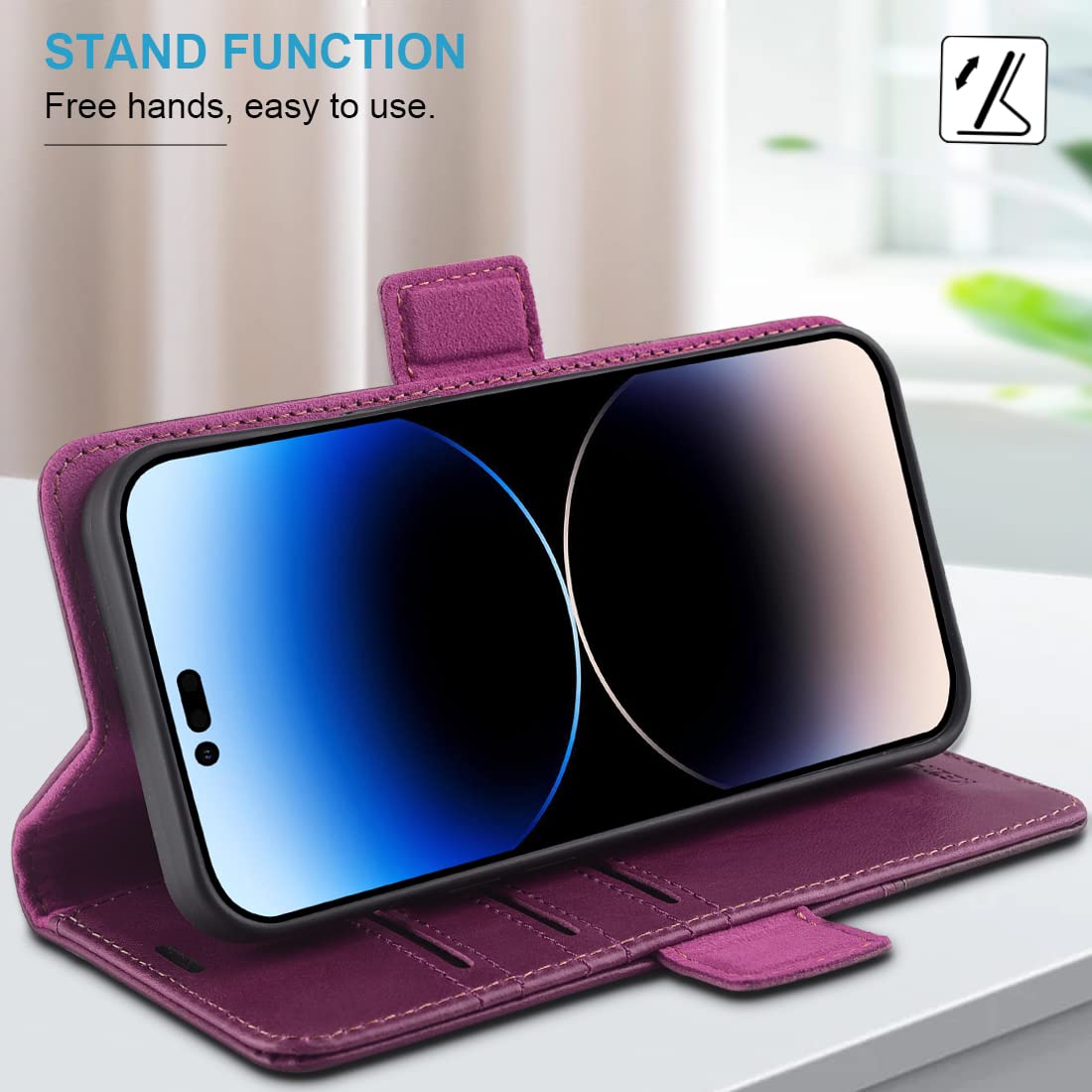 KEZiHOME Case for iPhone 14 Pro Wallet Case, Genuine Leather Flip Folio [RFID Blocking] [Card Slots ] [Kickstand] Shockproof Cover Magnetic Case Compatible with iPhone 14 Pro 5G (Purple/Brown)