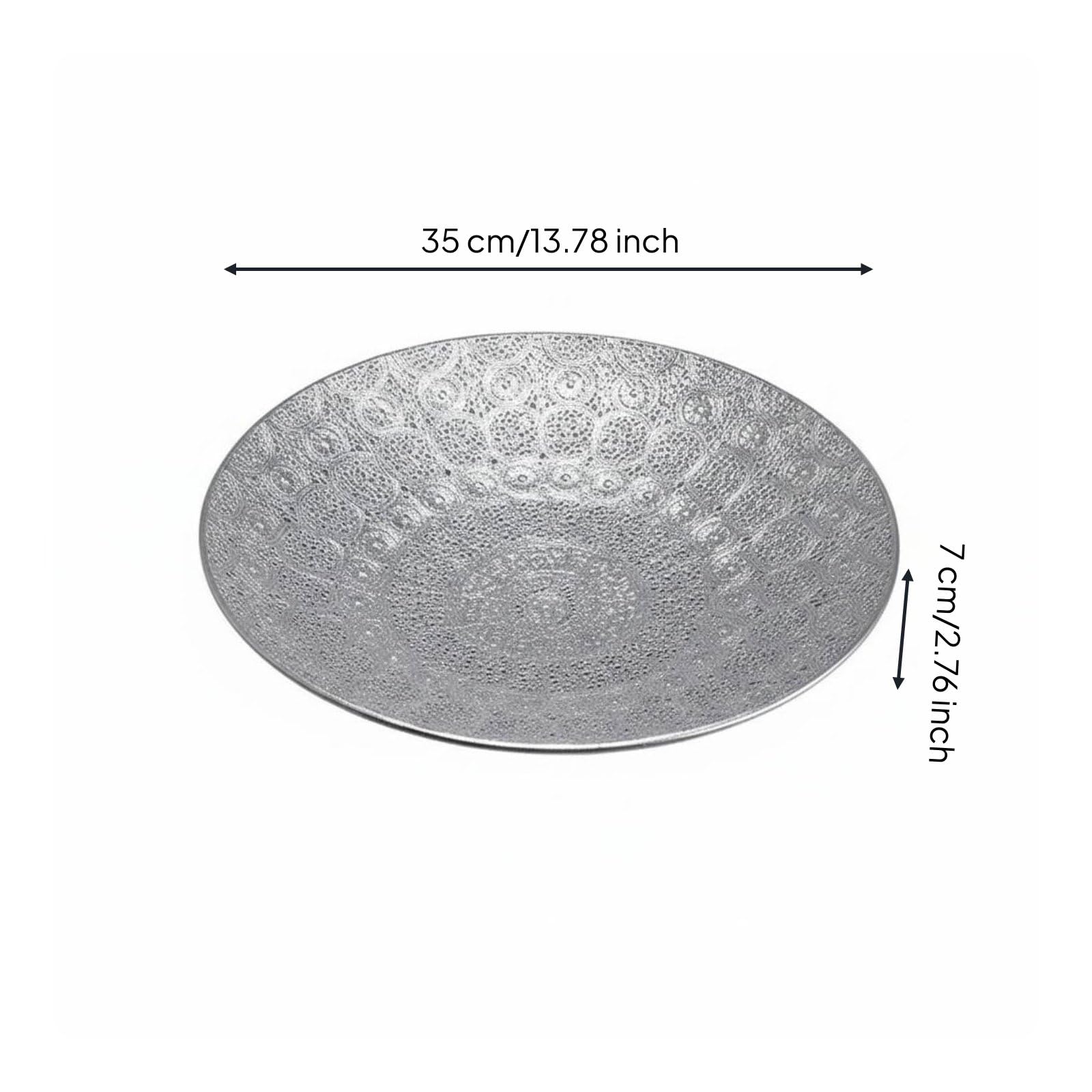 Bandeja Decorativa Redonda de Metal Bandeja de Servir Bandeja para Fruta Fuente para Snacks de Hierro Fácil de Limpiar con Superficie Lisa y Detalles, Pequeño Diámetro 35cm