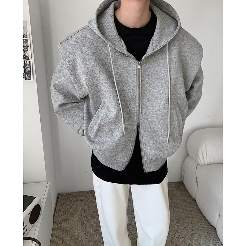 Men's Oversized Zip Up Hoodie Long Sleeve Shoulder Pad Sweatshirt Loose Fshion Solid Color Drawstring Sweatshirts4