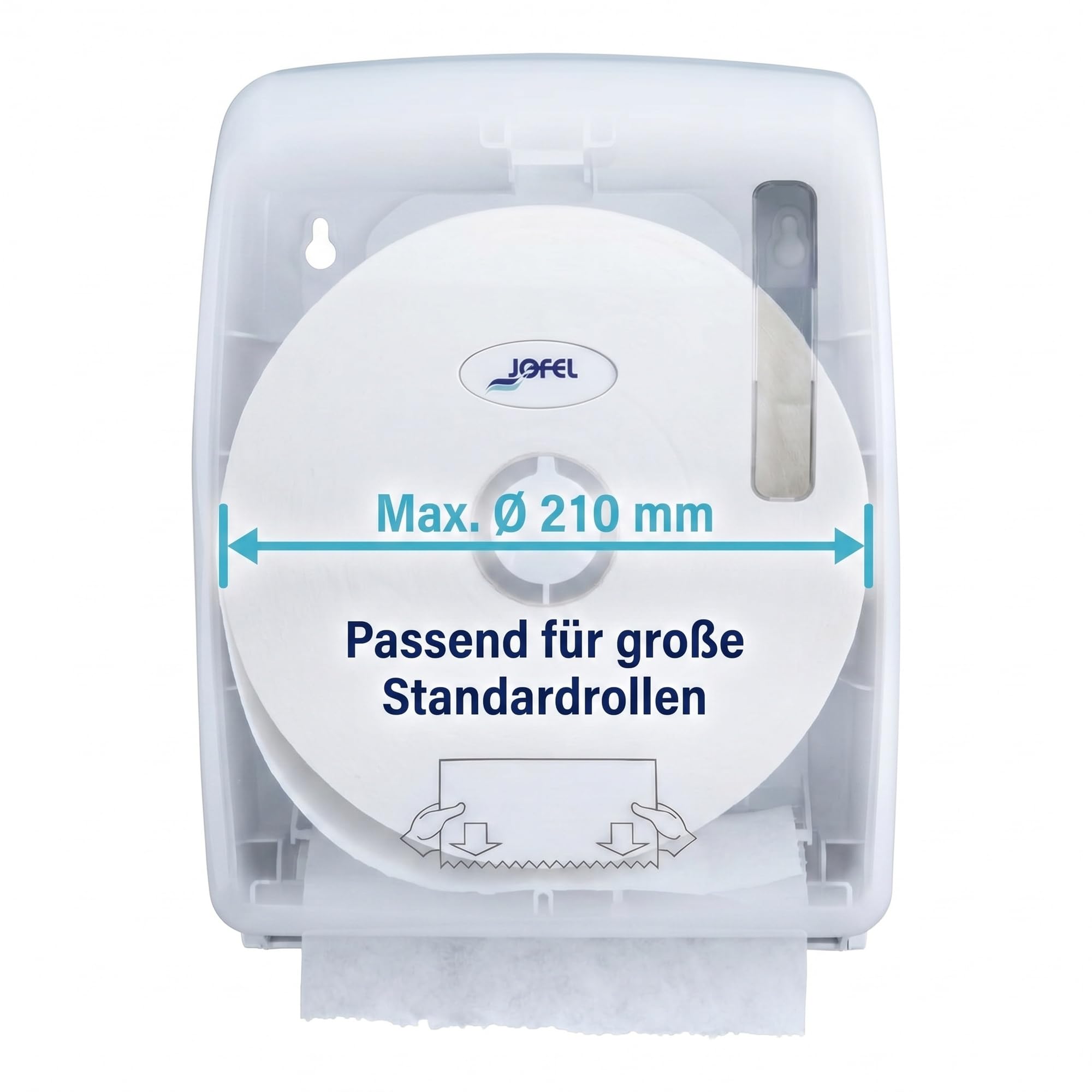 Jofel Autocut ABS Papierhandtuchspender für Gewerbe & Industrie - Hygienischer Wandspender ohne Batterie, Für Tuchrollen bis 210mm, Inkl. Sichtfenster & Schloss, Weiß (AG56000)