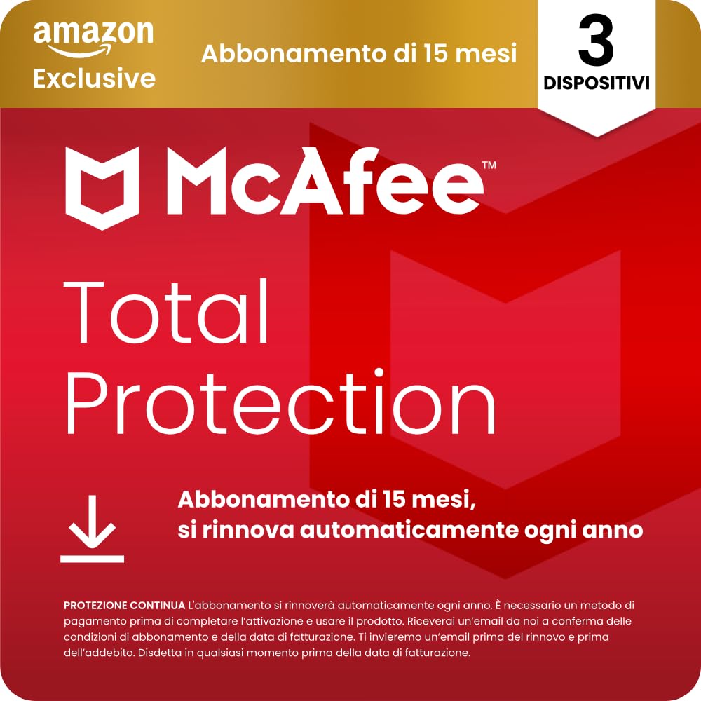 McAfee Total Protection - 3 Dispositiv 2026, 15 mesi, Esclusiva Amazon | Antivirus, VPN gestore delle password, software di sicurezza| Abbonamento con rinnovo automatico, Scarica