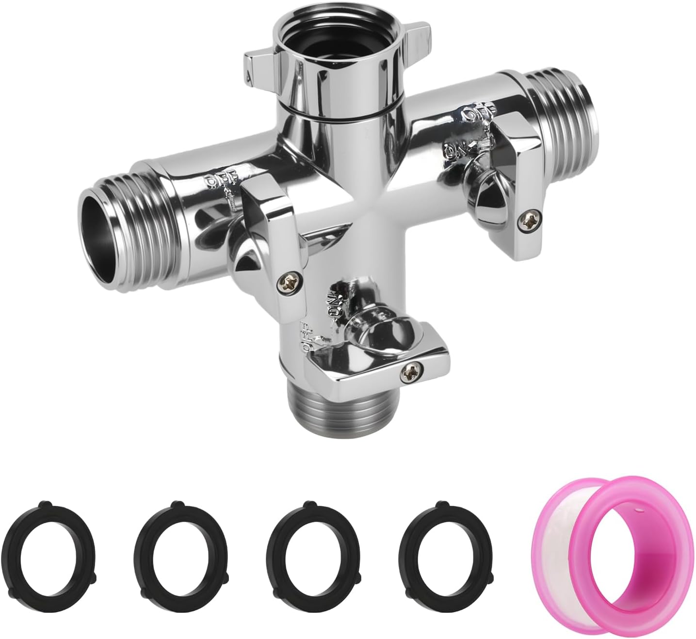 3 Way Heavy Duty Brass with a Chrome Plated Garden&House Hose Splitter, 3/4" Faucet Connectors with 3 Individual On/Off Valve, with 4 wahsers