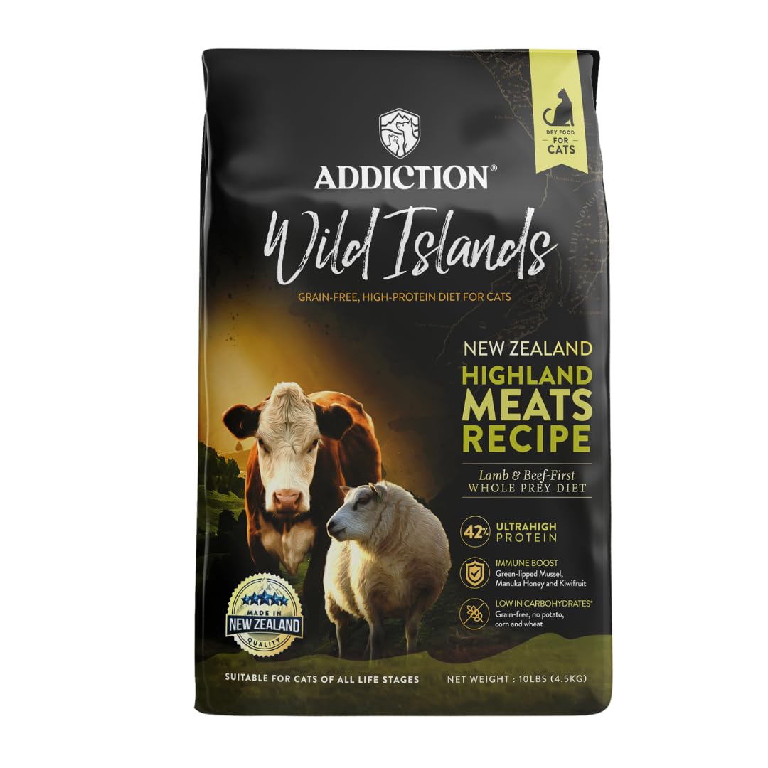 Addiction Wild Islands Highland Meats Dry Cat Food, Grass-Fed Beef & Lamb, High-Protein & Grain-Free Formula for Primal Cat Health - 10lbs