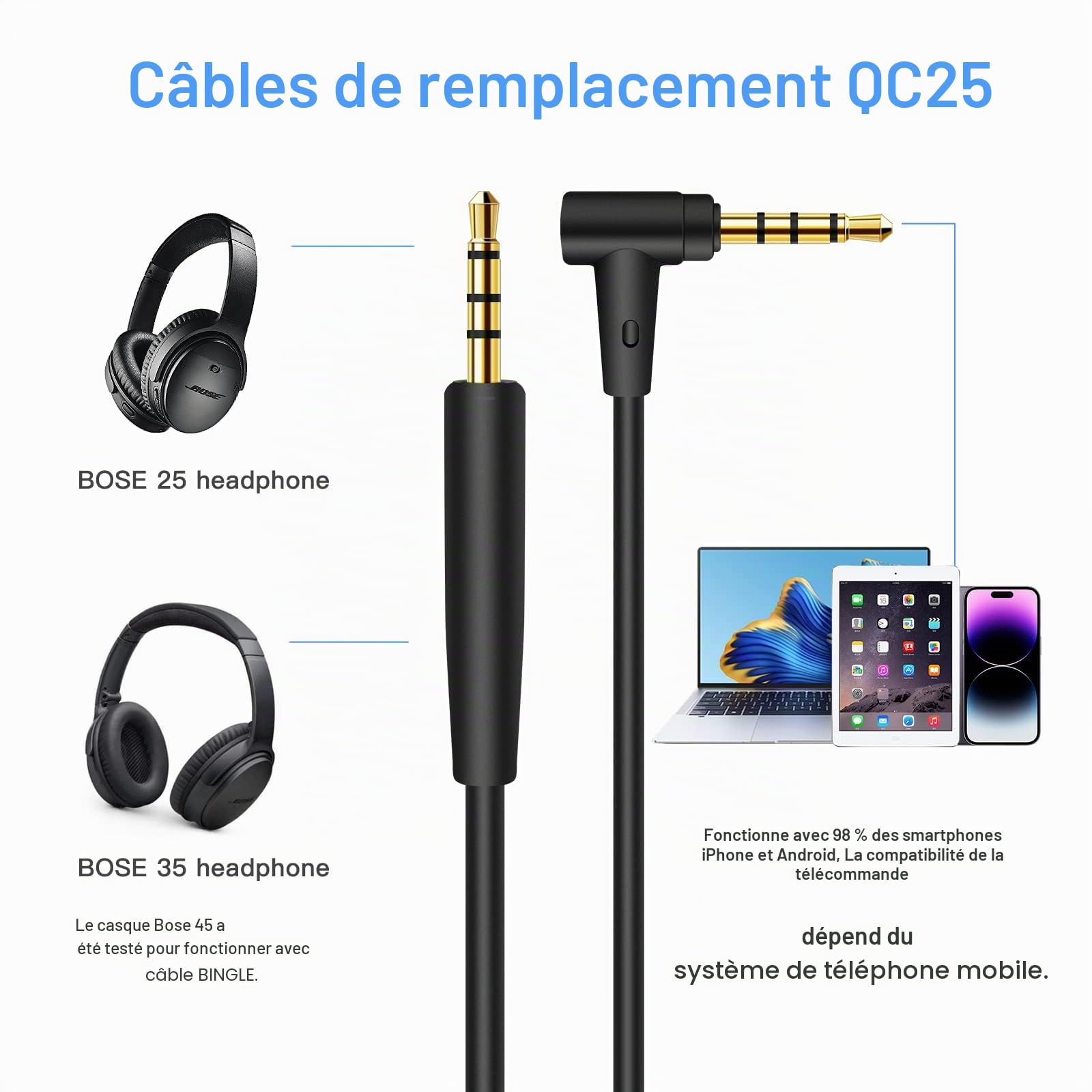 BINGLE Câble audio de rechange 3.5mm à 2.5mm avec Micro/Télécommande 1.2m pour Casque Bose 700, QuietComfort 25, 35II, OE2, OE2i, On-Ear 2 Noir