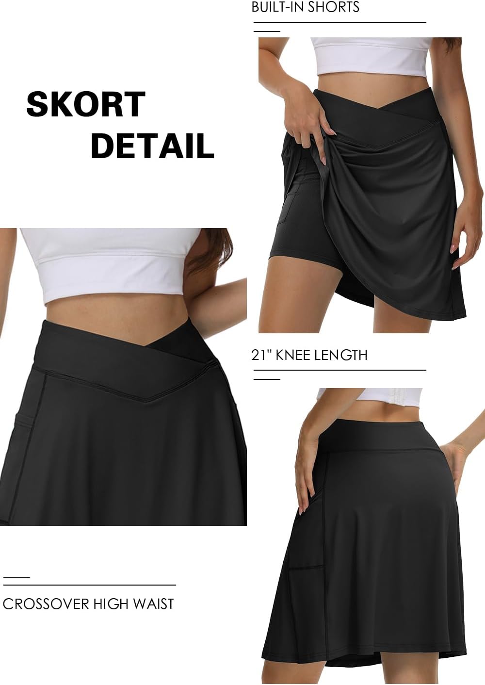 KORALHY 21" Knee Length Golf Skorts Skirts for Women Cross Waist Athletic Skorts with Shorts Tennis Skirt with 3 Pockets - Image 3