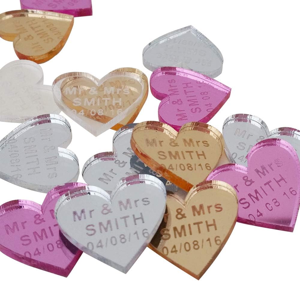 Personalised Wedding Heart Favours Engraved Charm Table Decorations Mr & Mrs Mirror Acrylic