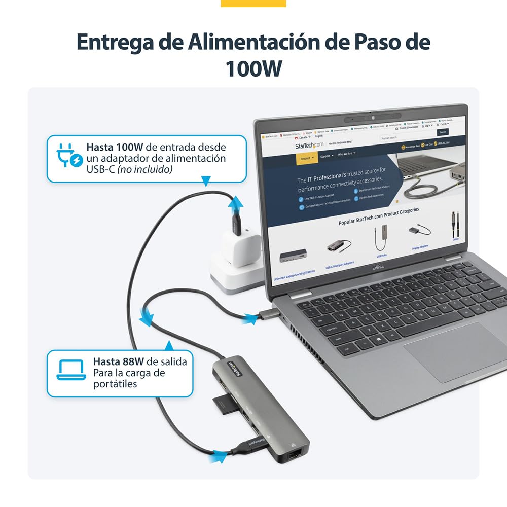 StarTech Mini Dock USB-C 7 en 1 HDMI 4K 60Hz, GbE, 2x USB, SD, 100W PD | Compatible con Thunderbolt, MacBook Pro/Air, Windows y macOS, Paso de dirección MAC y conmutación WiFi
