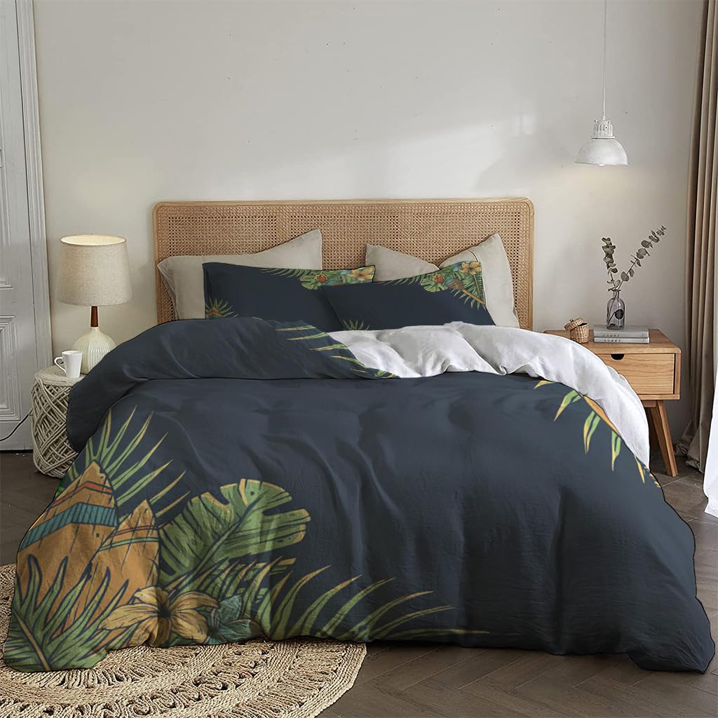 NIBAINLO 布団カバーモンステラのヤシの葉を使ったハワイのサーフィンテーマ 肌に優しい ピーチスキン加工 掛け布団カバー 和式 洋式 あったか 布団カバーセット リバーシブル ホームステイ ホテル 家庭兼用