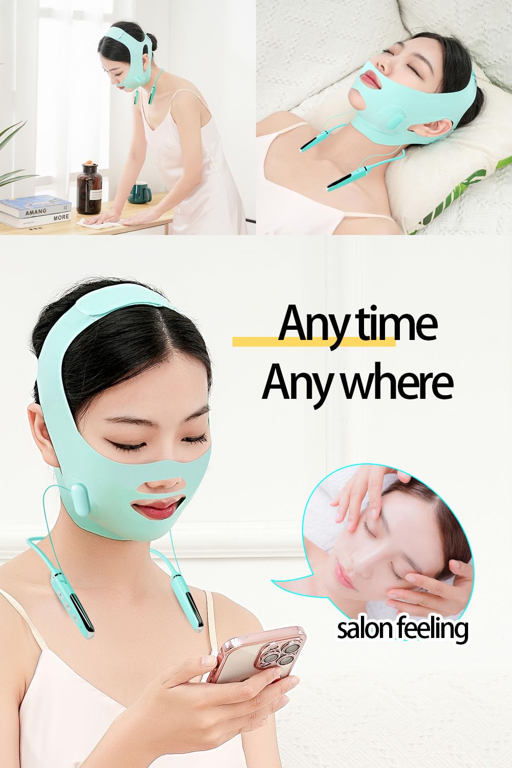 Cinturones faciales con correas ajustables, reductor de barbilla doble y dispositivo de elevación facial con 4 modos y 5 intensidades ajustables de engranajes, máquina inteligente de doble barbilla