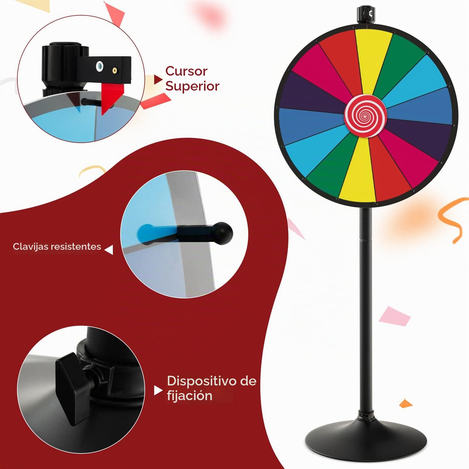 RELAX4LIFE Ruleta de la Suerte de 60 cm con 14 Ranuras, Altura Ajustable 80-148 cm, Cepillo y Marcador Borrable, Rueda de la Fortuna con Soporte de Metal Desmontable (Estilo 2)