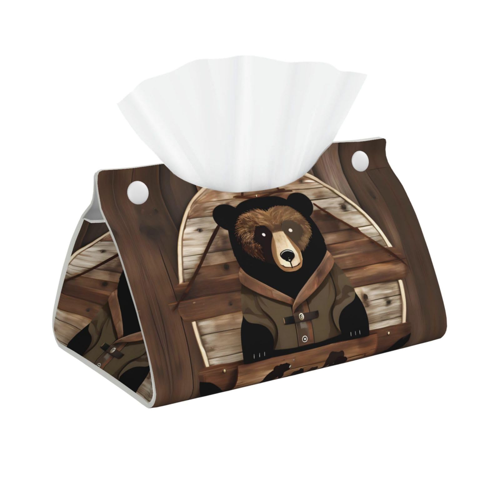 Rustic Lodge Bear Rectangular Leather Tissue Box Cover, Folding Facial Tissue Holder Dispenser for Car