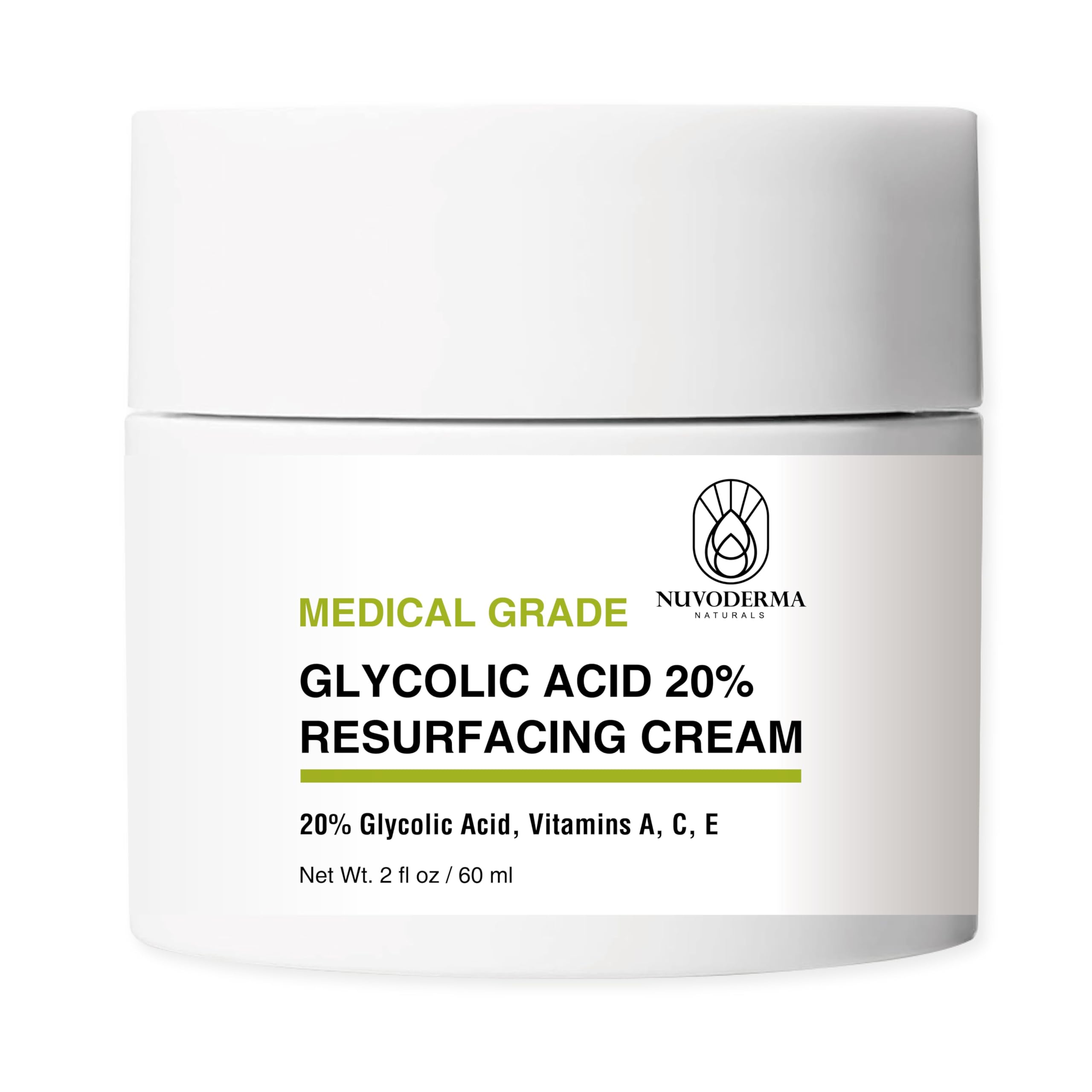 NUVODERMA Glycolic Acid Resurfacing Cream with Glycolic Acid 20%, Vitamins A, C & E – Anti-Wrinkle Face Moisturizer for Smooth Skin – Hydrating,