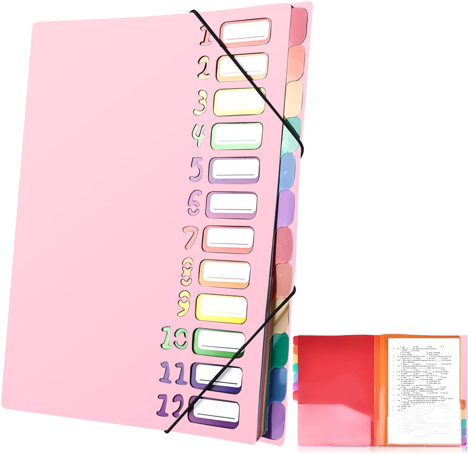 Delamiya Porte-documents A4, portable, avec 12 compartiments, en plastique polypropylène, avec élastique, étanche, pour l'école, les fournitures de bureau (noir)