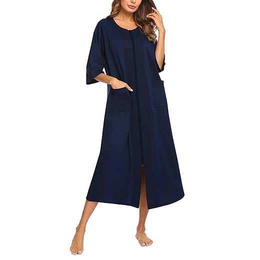 Ekouaer Women Zip-Front Bathrobe Half Sleeve Housecoat Long Robe Plus Size House Dress with Pockets(Navy Blue,XL)