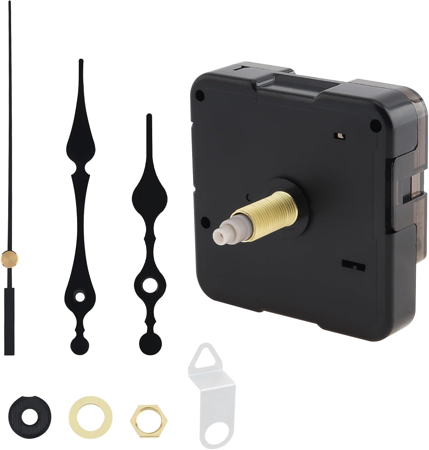 Quartz Clock Movement Mechanism 23mm (29/32 inch) Shaft Length, 15mm(19/23 inch) Thread Length for Clock DIY/Repair with Black Hands Pointer Set, Metal Hook