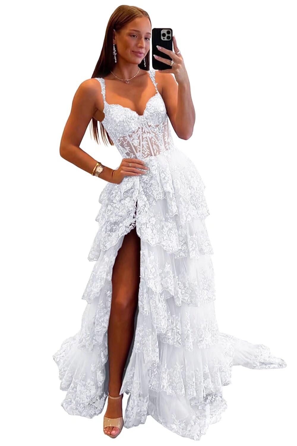 KIRGNT Sparkly Tiered Lace Tulle Prom Dresses Long Spaghetti Straps Formal Evening Party Gown