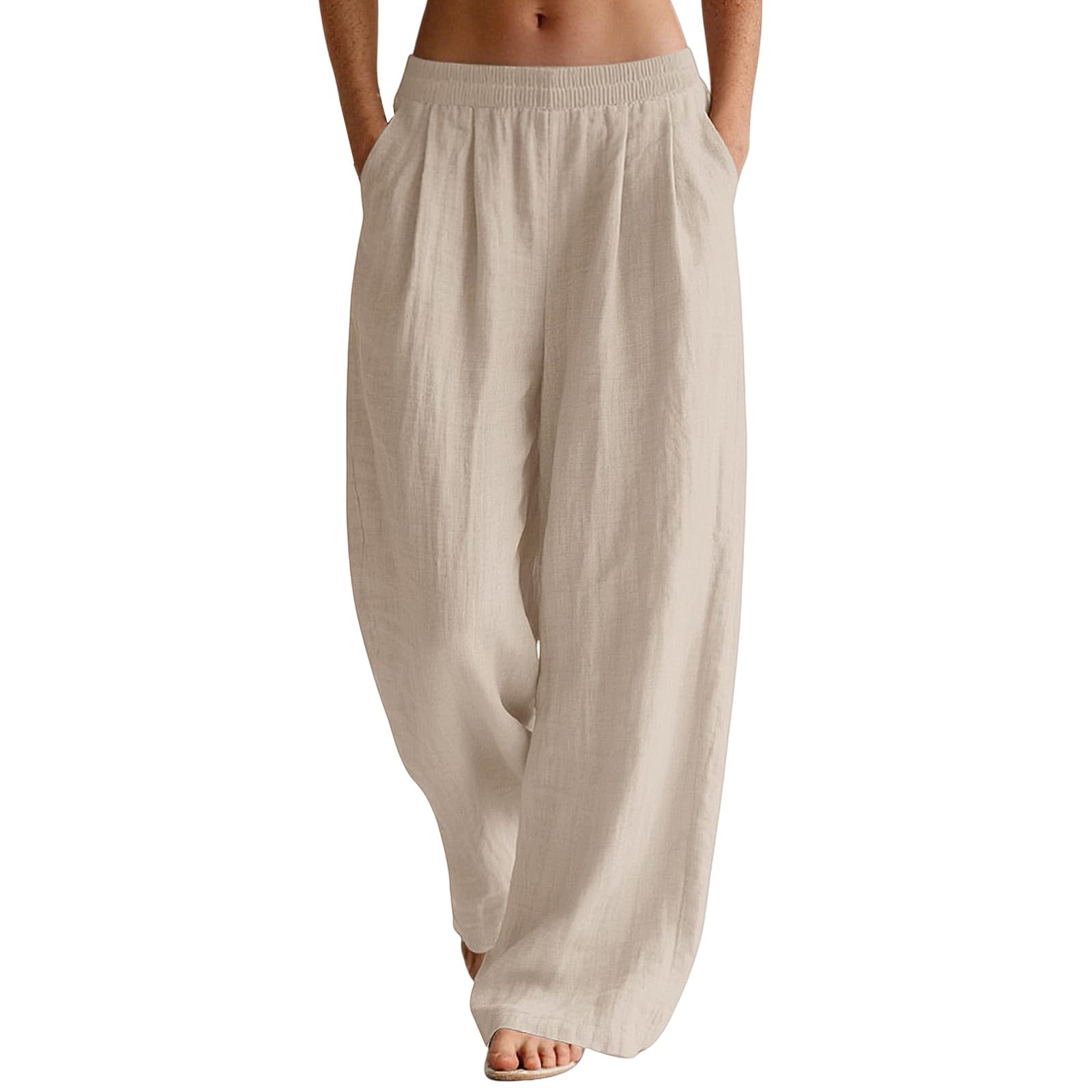 Linen Pants for Women Casual Wide Leg Elastic Waist Beach Vacation Outfits Lounge Travel Trousers with Pockets