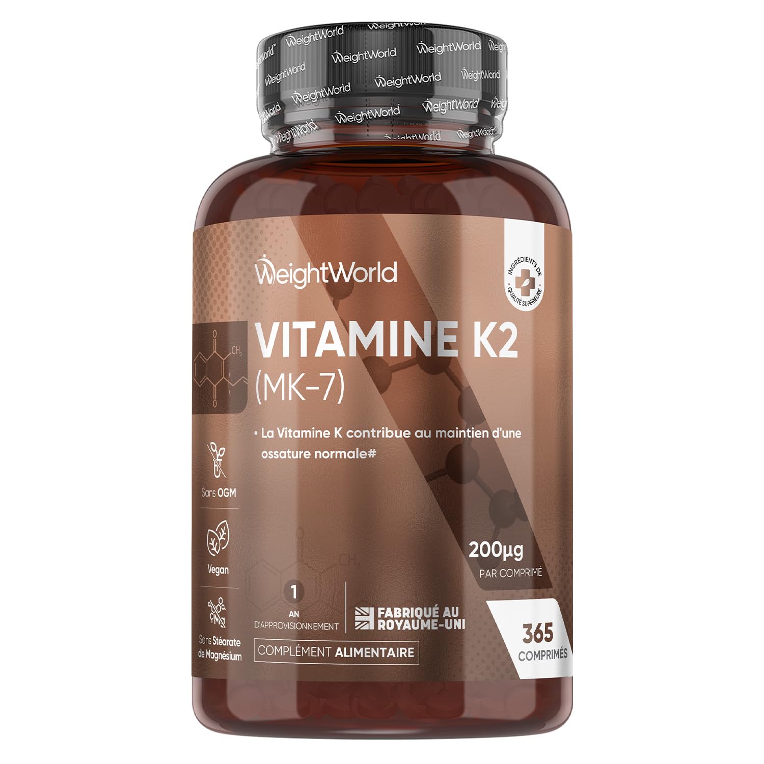 Vitamine K2 MK7-​200 µg Par Comprimé - 365 Micro Comprimés Vegan pour 1 An d'Approvisionnement - sous Forme de Ménaquinone - Selon l'EFSA, La Vitamine K Contribue au Maintien d'une Ossature Normale