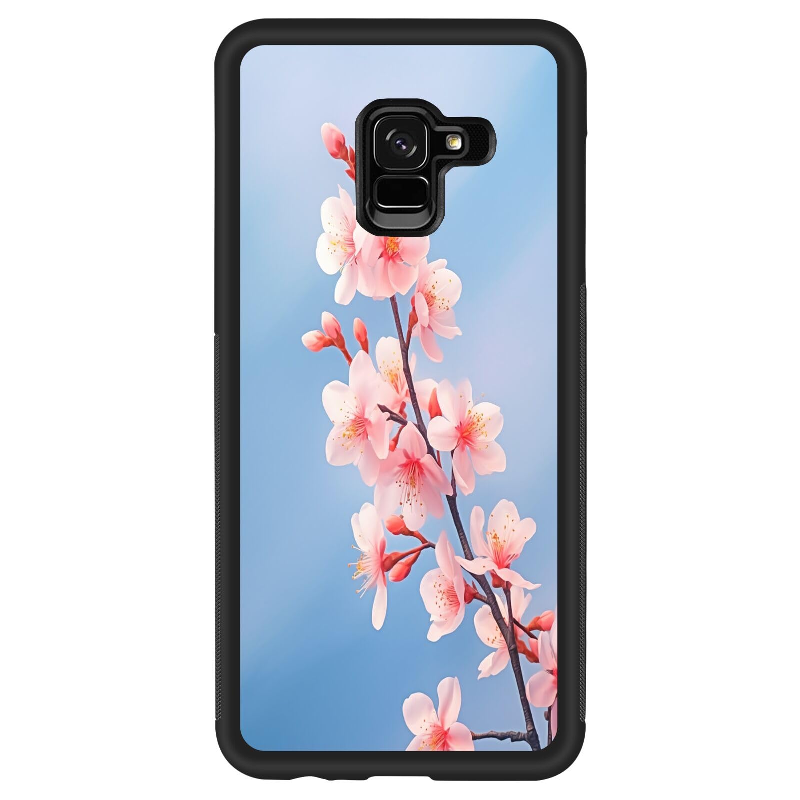 SHENCANG BLUE Case for Samsung Galaxy A8 Peach Blossom Designer Art128, Black Anti-Scratch Shockproof Slim Rubber Frame Mobile Cellphone Smartphone Case