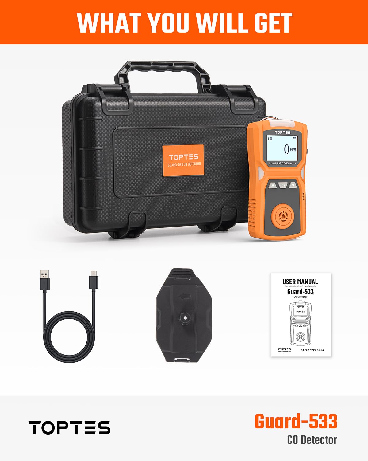 TopTes Guard-533 Detector Portátil de Monóxido de Carbono, con Alarmas Visuales, Sonoras y Vibrantes, Diseño con Clip Trasero, 120h de Espera, y a Prueba de Explosiones para Uso Doméstico y Laboral