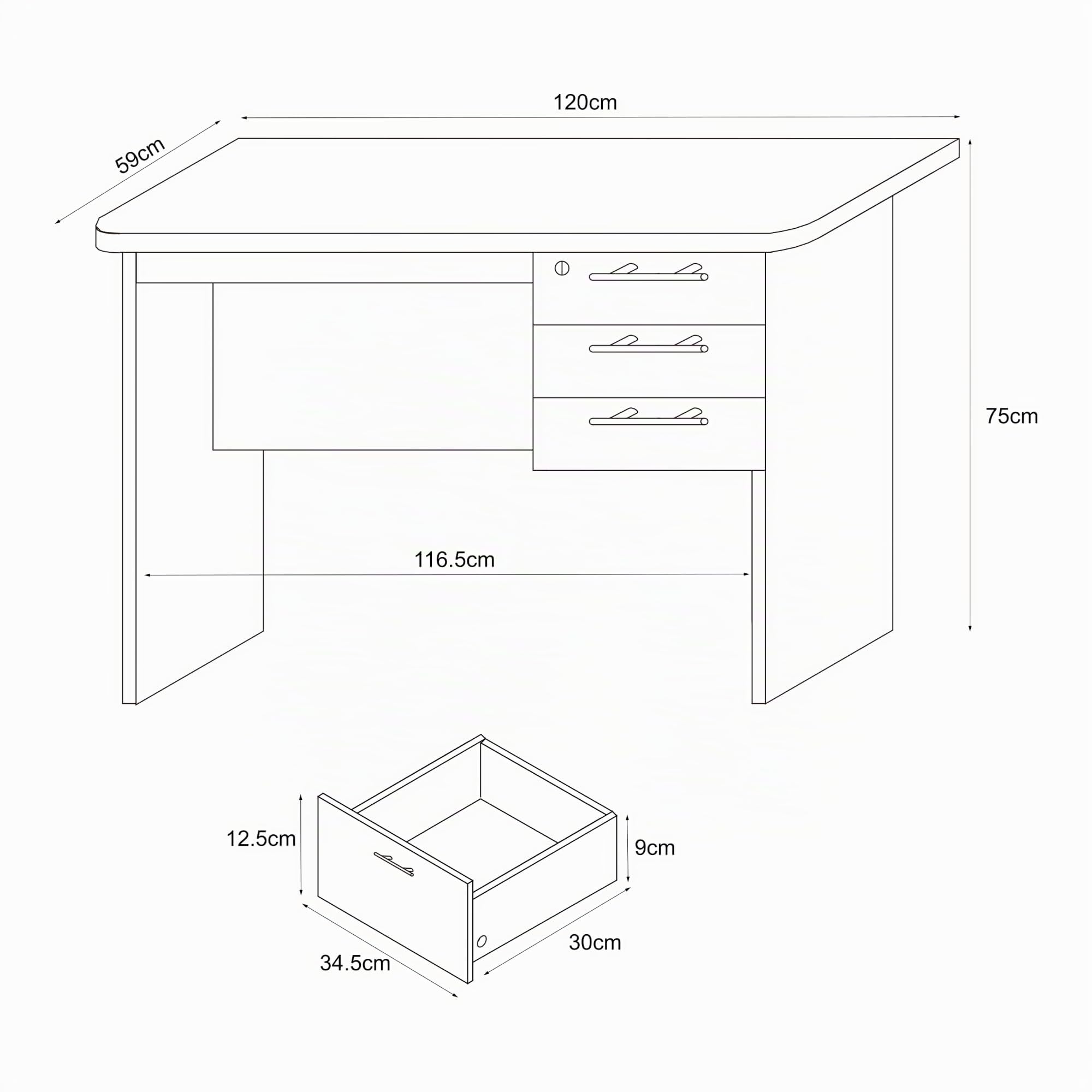 [en.casa] Scrivania con 3 Cassetti con Serratura Tavolo da Computer PC Postazione di Lavoro Tavolo da Studio 120 x 59 x 75 cm - Effetto Legno Scuro