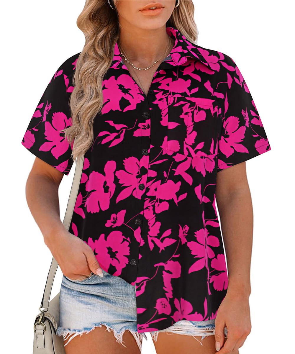 RITERA Womens Plus Size Tops Button Down Roll-Up Cuffed Short Sleeve Casual Shirts Collared Summer Lightweight Blouse XL-5XL