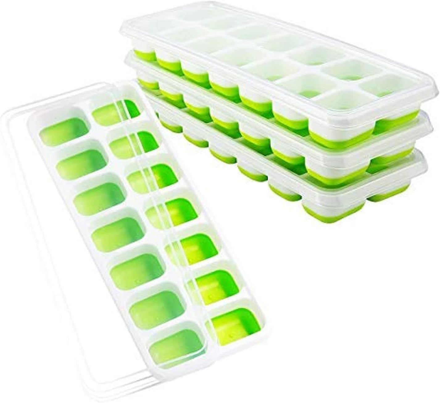Ice Cube Trays 4 Pack, Easy-Release Silicone and Flexible 14-Ice Trays with Spill-Resistant Removable Lid, LFGB Certified and BPA Free, Stackable Durable and Dishwasher Safe