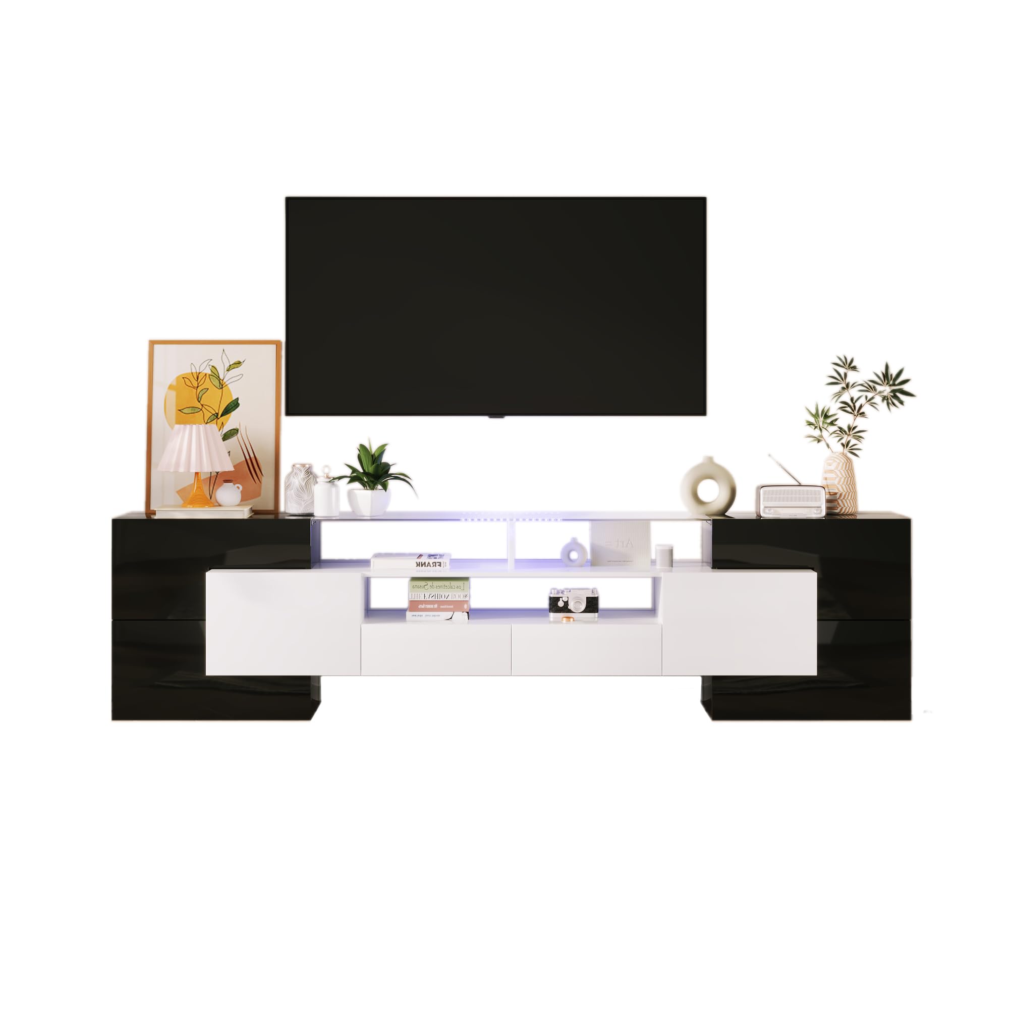 Mueble para TV de 200 cm, elegante mueble para TV, armario bajo de alto brillo con iluminación LED, muebles de salón, diseño moderno, elegante superficie de cristal (negro y blanco, 200 x 35 x