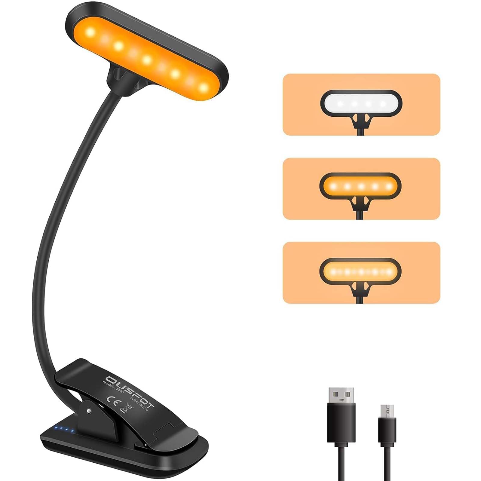 OUSFOT Lámpara de lectura 3 modos de color 9 LED regulable cama libro luz de lectura con abrazadera recargable USB 360° flexible para lectores nocturnos, mesita de noche, lector electrónico, niño