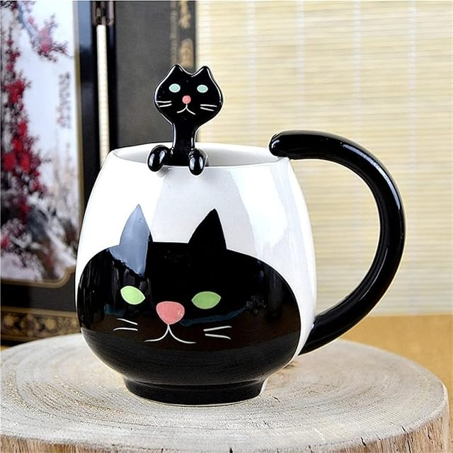 Arawat Zabawna filiżanka do kawy, słodki kot, ceramiczna, z łyżeczką i podstawką, 420 ml, duży kubek do kawy 3D, uroczy kot, prezent urodzinowy dla dziewczyny, chłopaka, chłopców, kobiet