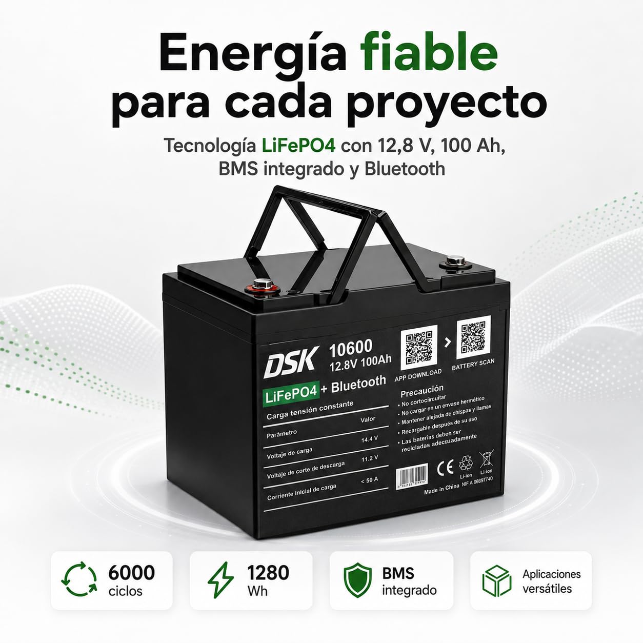 DSK Batería LiFePO4 12V 100Ah con Bluetooth, BMS, pantalla LCD, protección baja temperatura, batería litio 1280 Wh para autocaravana, energía solar, camper, barco, SAI y energía renovable premium